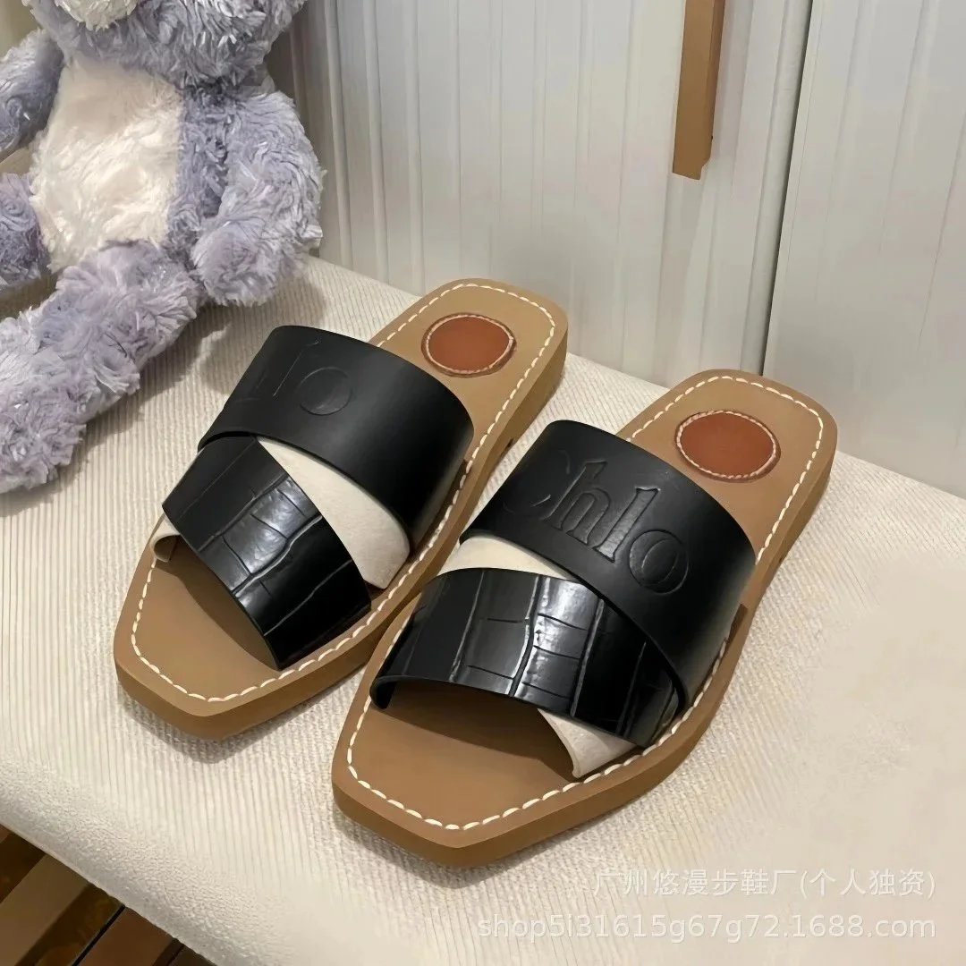 Unbranded Sandals Square-Toe Double-Strap Slide — Leather surface in black and white