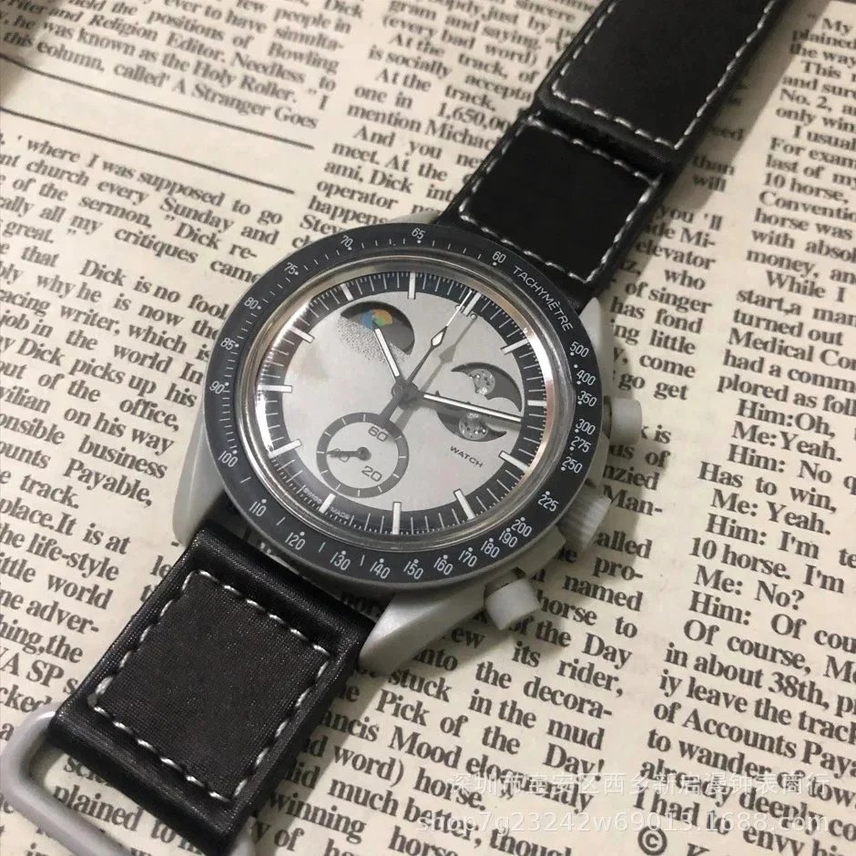 Omega Watches Speedmaster MoonSwatch — Dual rotating bezel – gray case with black strap, 1:1 quality