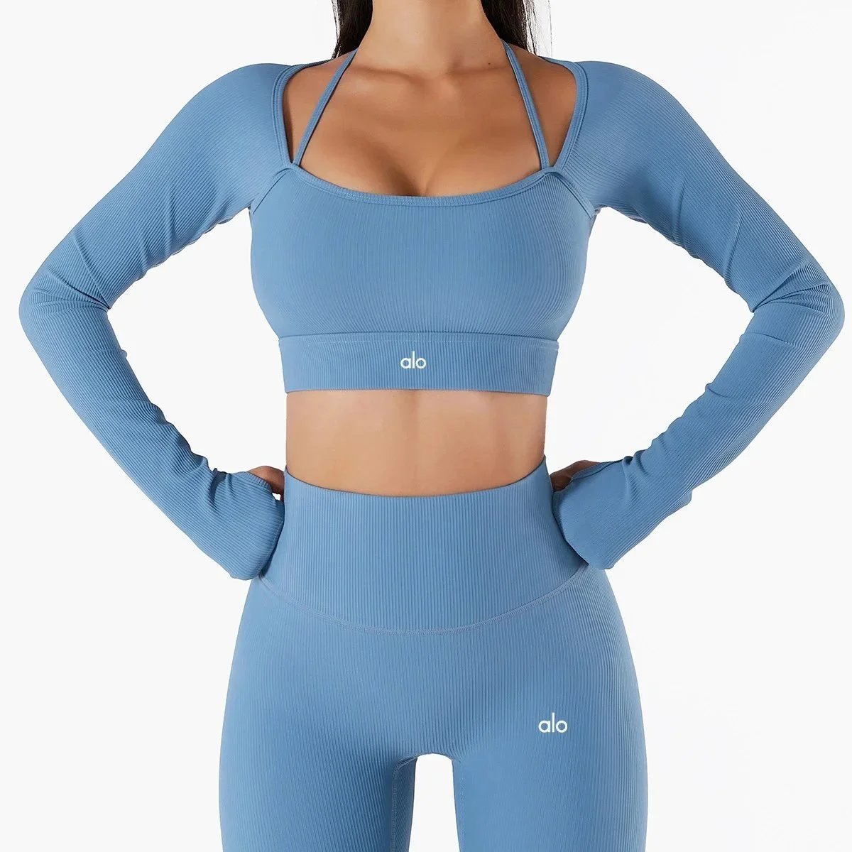 Alo Matching Sets Ribbed long-sleeve crop top and high-waisted shorts set — Smog Blue Ribbed Top