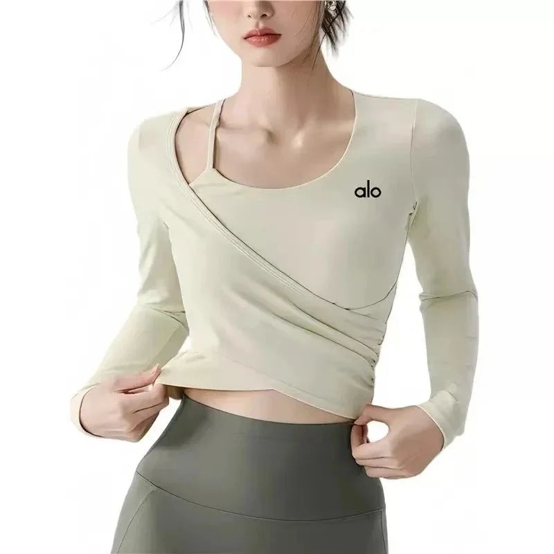 Alo Matching Sets Ribbed long-sleeve crop top and high-waisted shorts set — Yoga outfit with built-in bra padding, off-white color