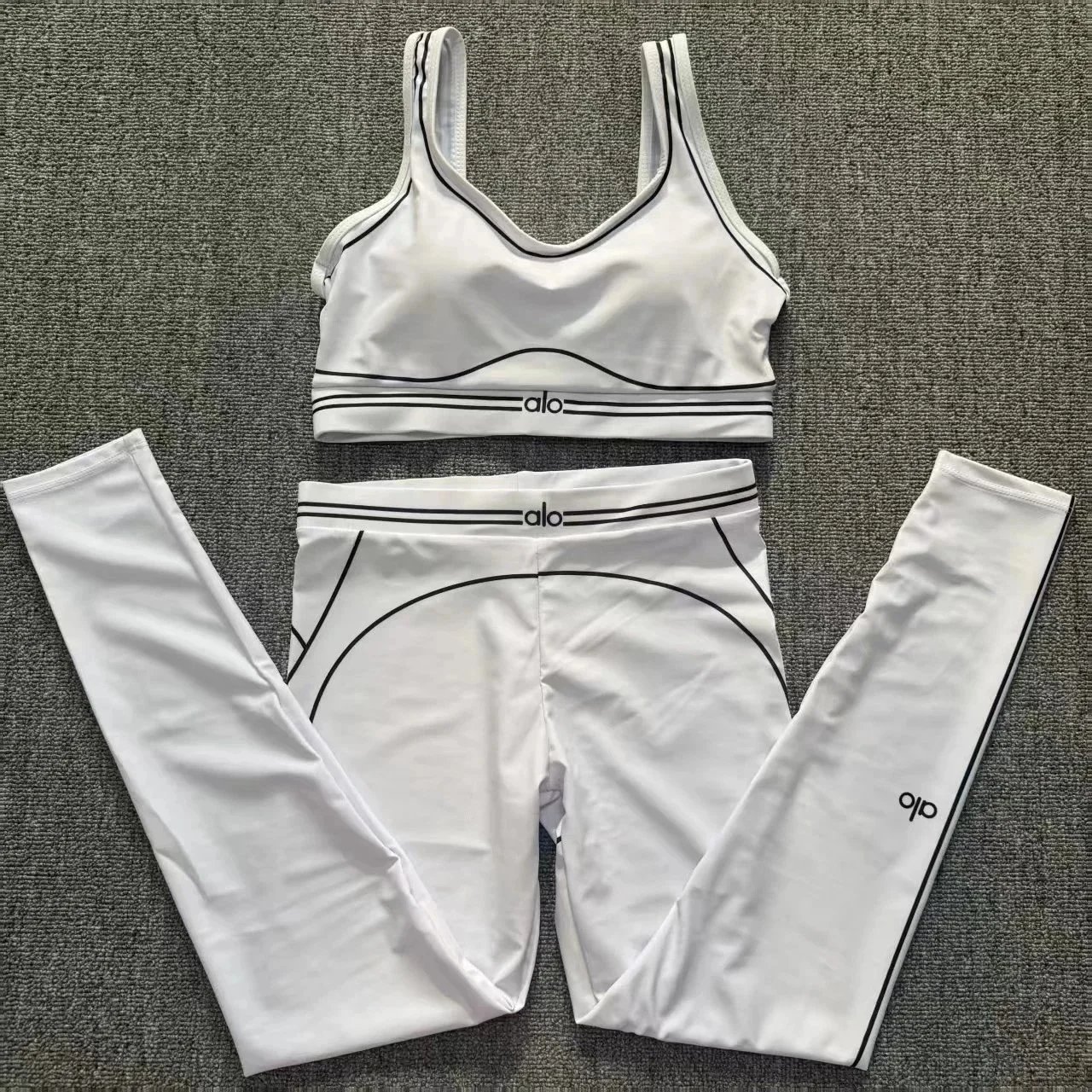 Alo Matching Sets Ribbed long-sleeve crop top and high-waisted shorts set — White [Set: Top and Pants]