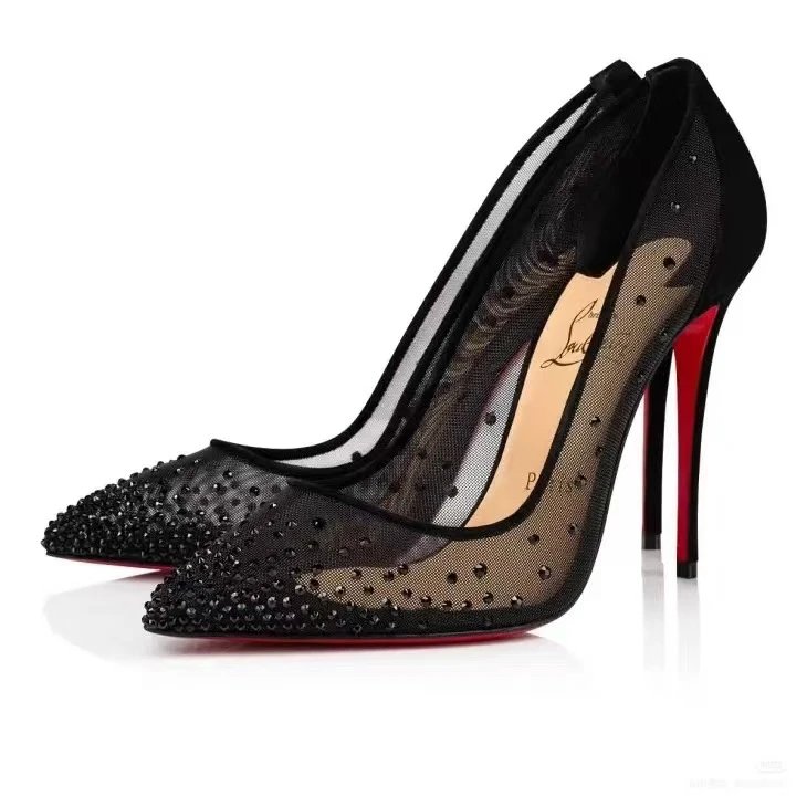 Christian Louboutin Pigalle Black Mesh Studded Pointed Toe High Heels