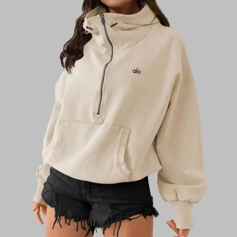 Alo Yoga V-Neck Hooded Pullover Beige Hoodie - 8