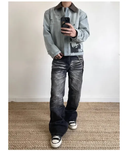 Design Distressed Graphic Denim Jacket in Light Gray with Black Washed Jeans and Converse Chuck Taylor All Star Low - 9