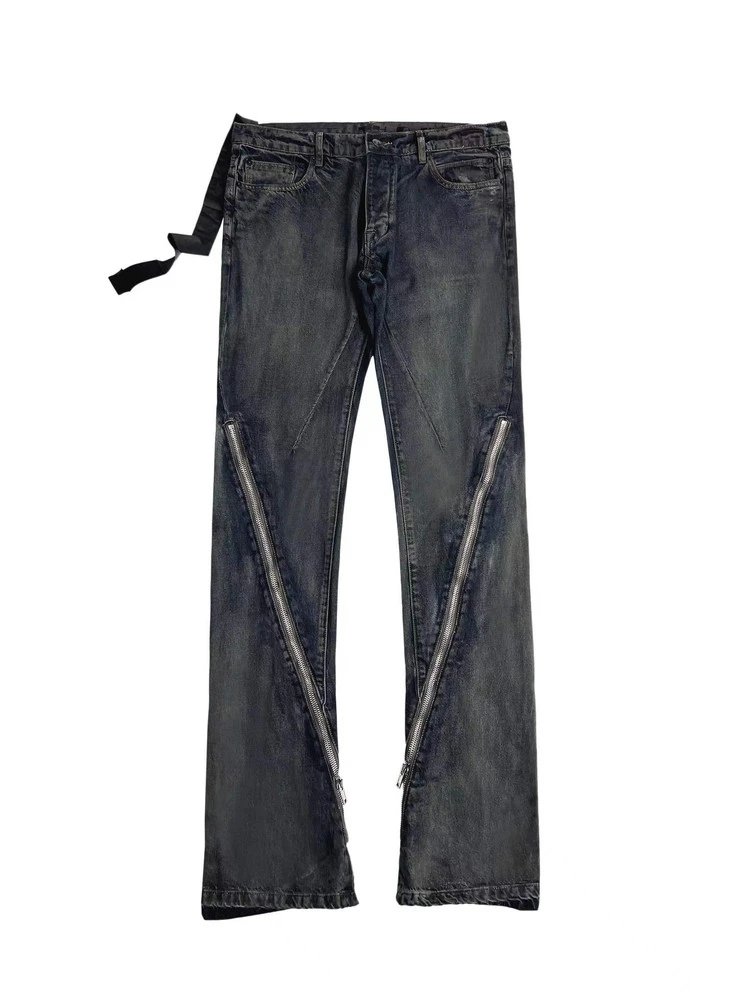 DEEDS RO Style Banana Cut Indigo Dyed Long Zip Washed Distressed Slim Fit Opium Jeans Pants