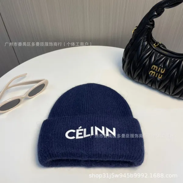 Celine Céline Célinn Logo Knit Beanie Navy Blue Beanie - 1