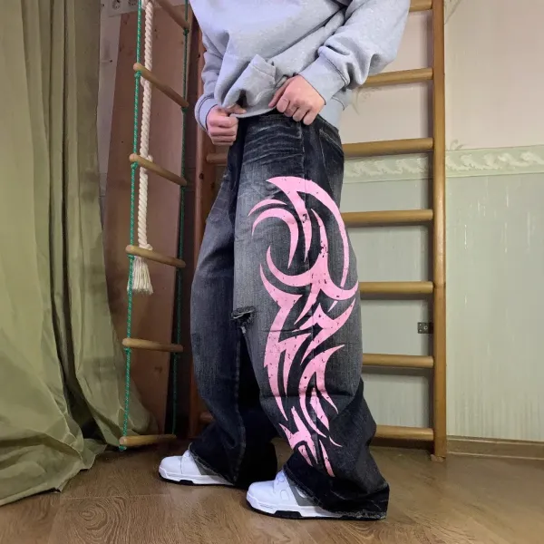 Design Custom Pink Tribal Print Baggy Jeans - 3