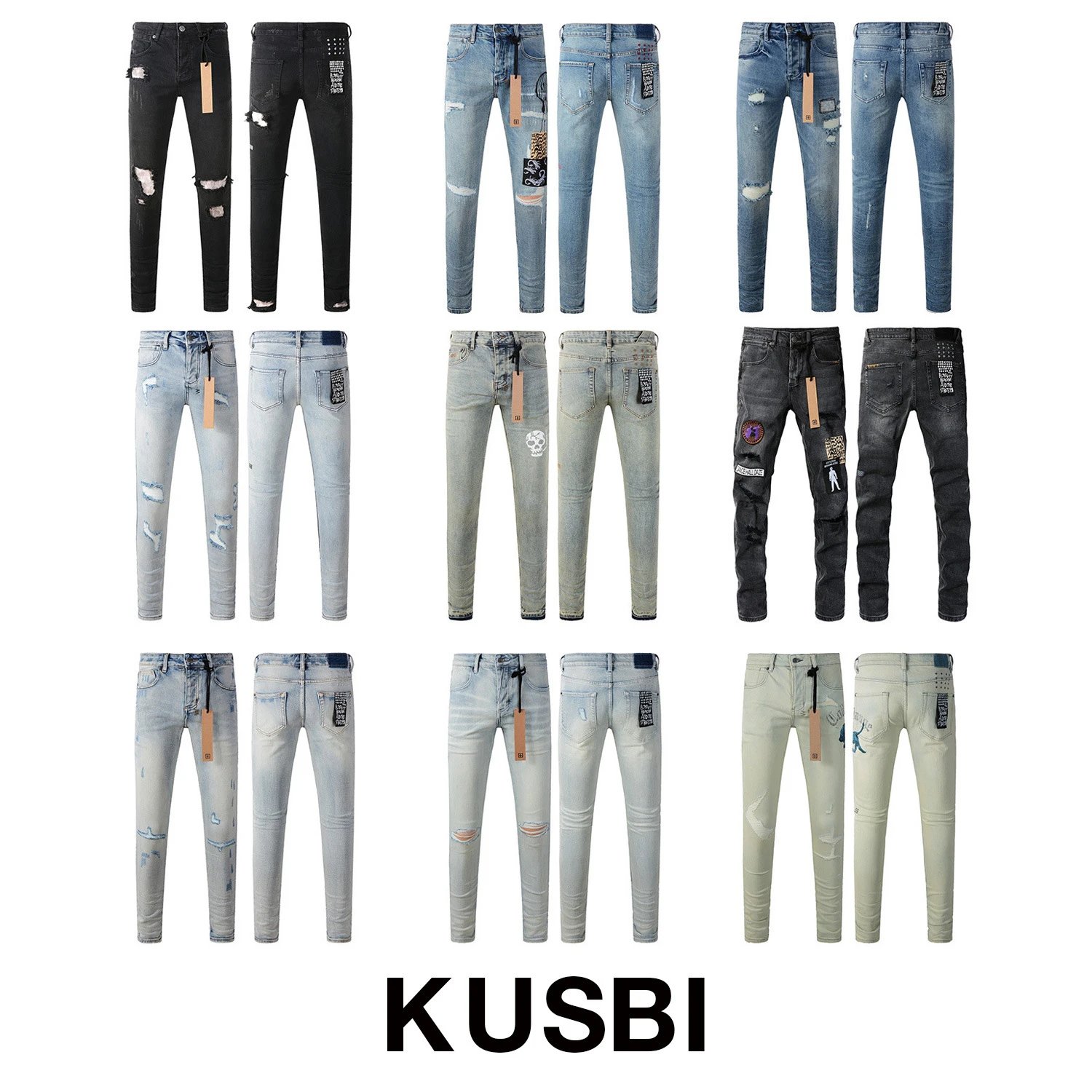 Fashionable slim fit small hole distressed jeans