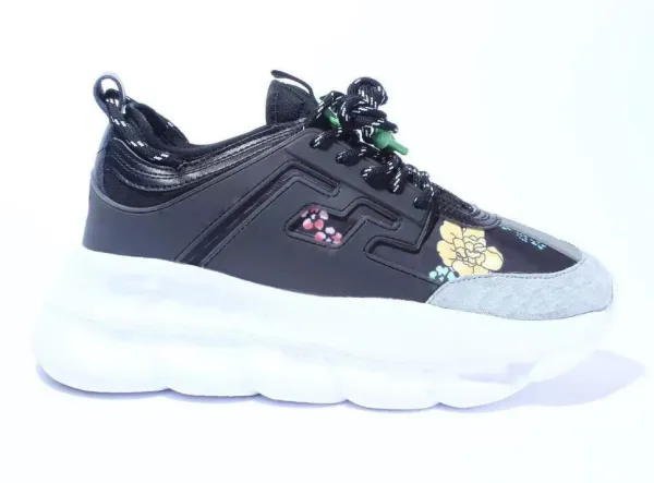 Design Chunky Sneaker with Floral Embroidery Black / White / Grey Sneakers - 1