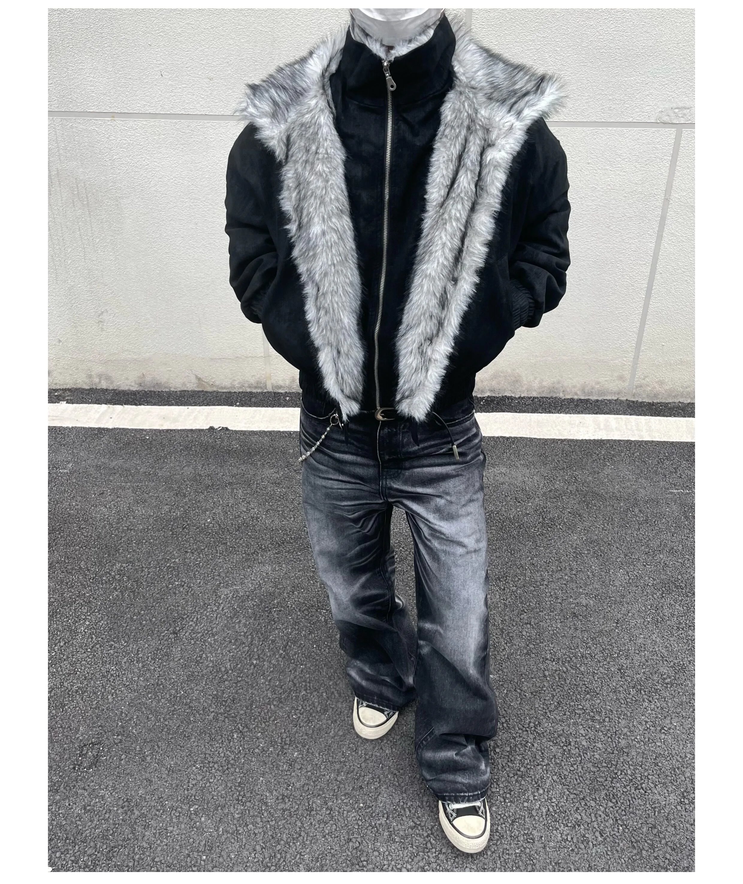 Design Faux Fur Trim Bomber Jacket Black with Gray Fur Collar Outerwear - 6