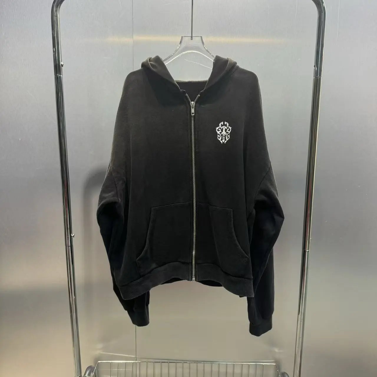 Black Zip-Up Hoodie with Embroidered Logo