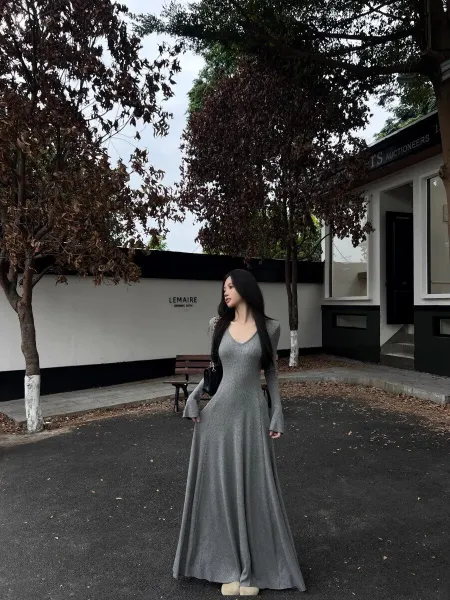 Design Ribbed V-Neck Bell Sleeve Maxi Dress Light Blue - 5