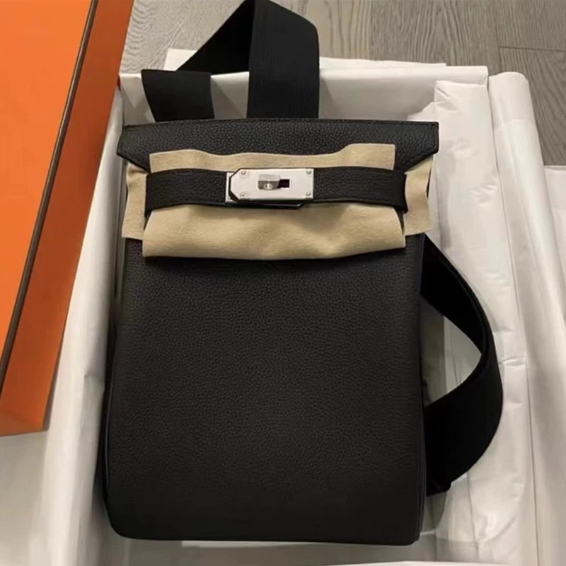 2025 New Kelly Chest Bag Crossbody Wide Shoulder Strap Top-Layer Cowhide Lock Flap Square Bag Genuine Leather Casual Style
