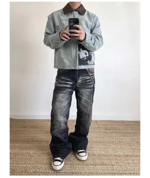 Design Distressed Graphic Denim Jacket in Light Gray with Black Washed Jeans and Converse Chuck Taylor All Star Low - 7