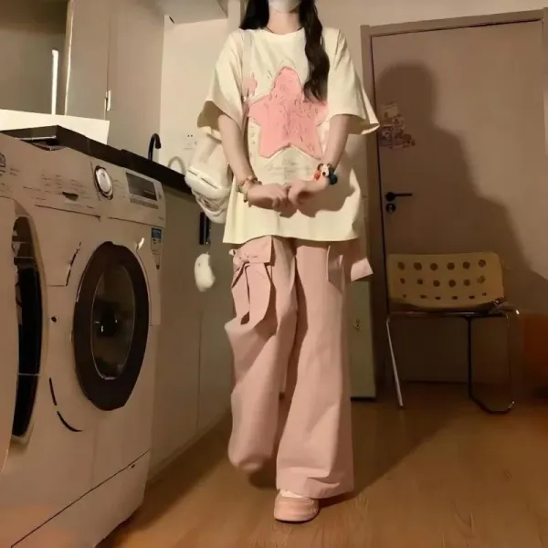 Design Oversized Star Print T-Shirt and Wide-Leg Pants Set in Cream and Pink - 1