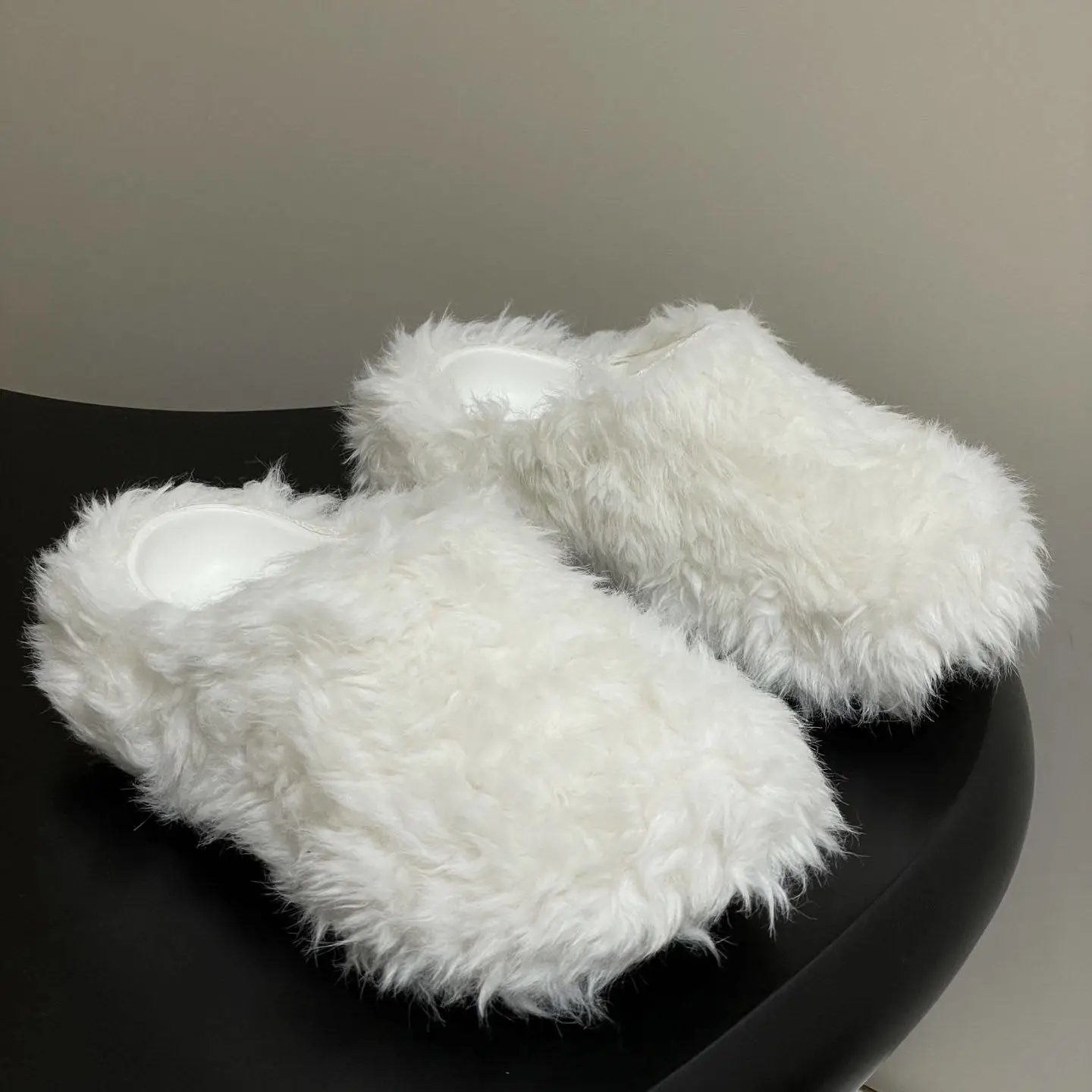 Fuzzy Shearling Slippers Beige Slip-On Shoes Slippers