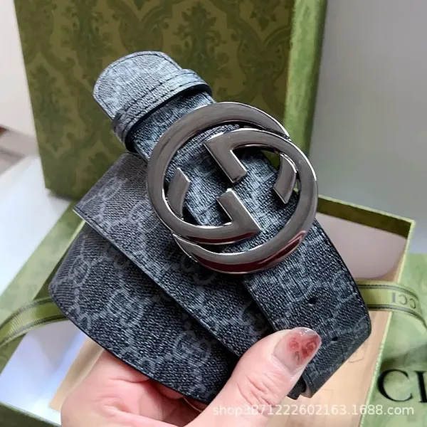 Gucci Double G Interlocking Buckle Belt Dark Gray Monogram Canvas Belt - 12