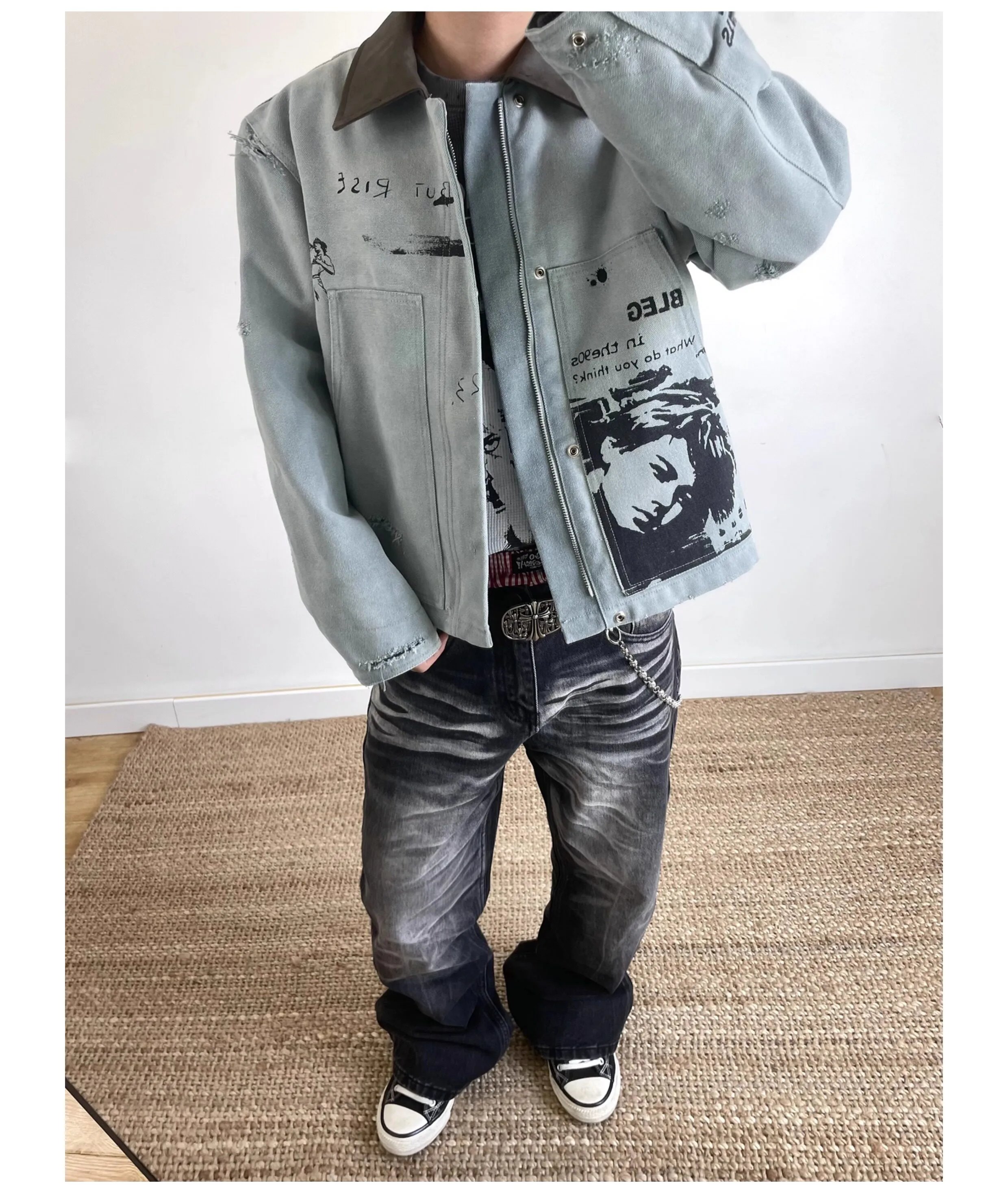 Design Distressed Graphic Denim Jacket in Light Gray with Black Washed Jeans and Converse Chuck Taylor All Star Low - 5