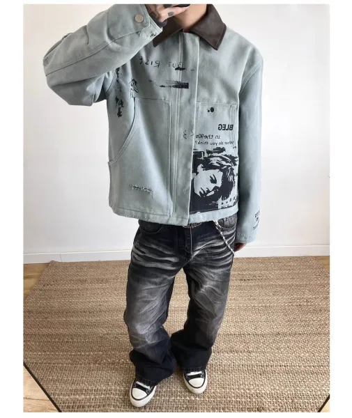 Design Distressed Graphic Denim Jacket in Light Gray with Black Washed Jeans and Converse Chuck Taylor All Star Low - 10
