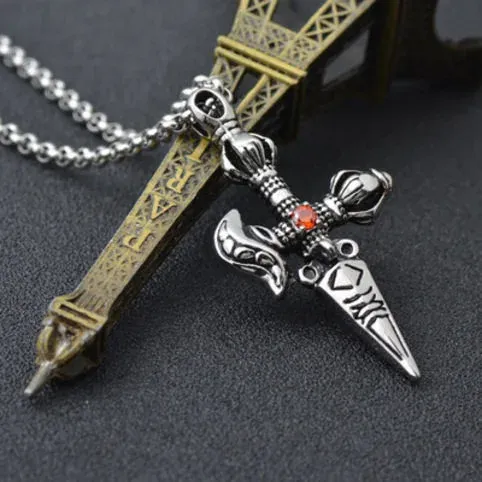 Design Dagger Pendant Necklace with Red Stone and Eiffel Tower Charm Silver Jewelry - 1