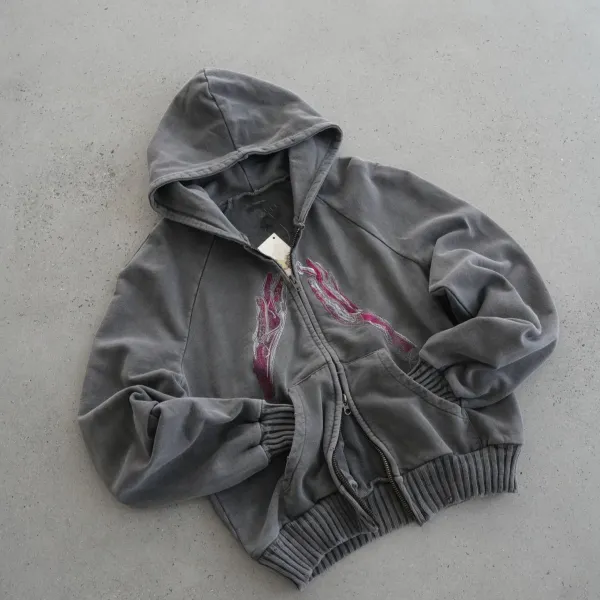 Design Zip-Up Hoodie with Embroidered Flame Motif Gray - 1