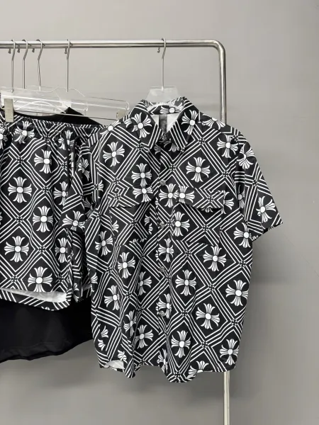 Design Patterned Short-Sleeve Shirt and Shorts Set Black White - 1