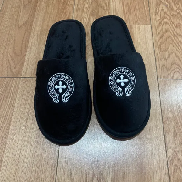 Chrome Hearts Logo Embroidered Black Plush Slippers - 1