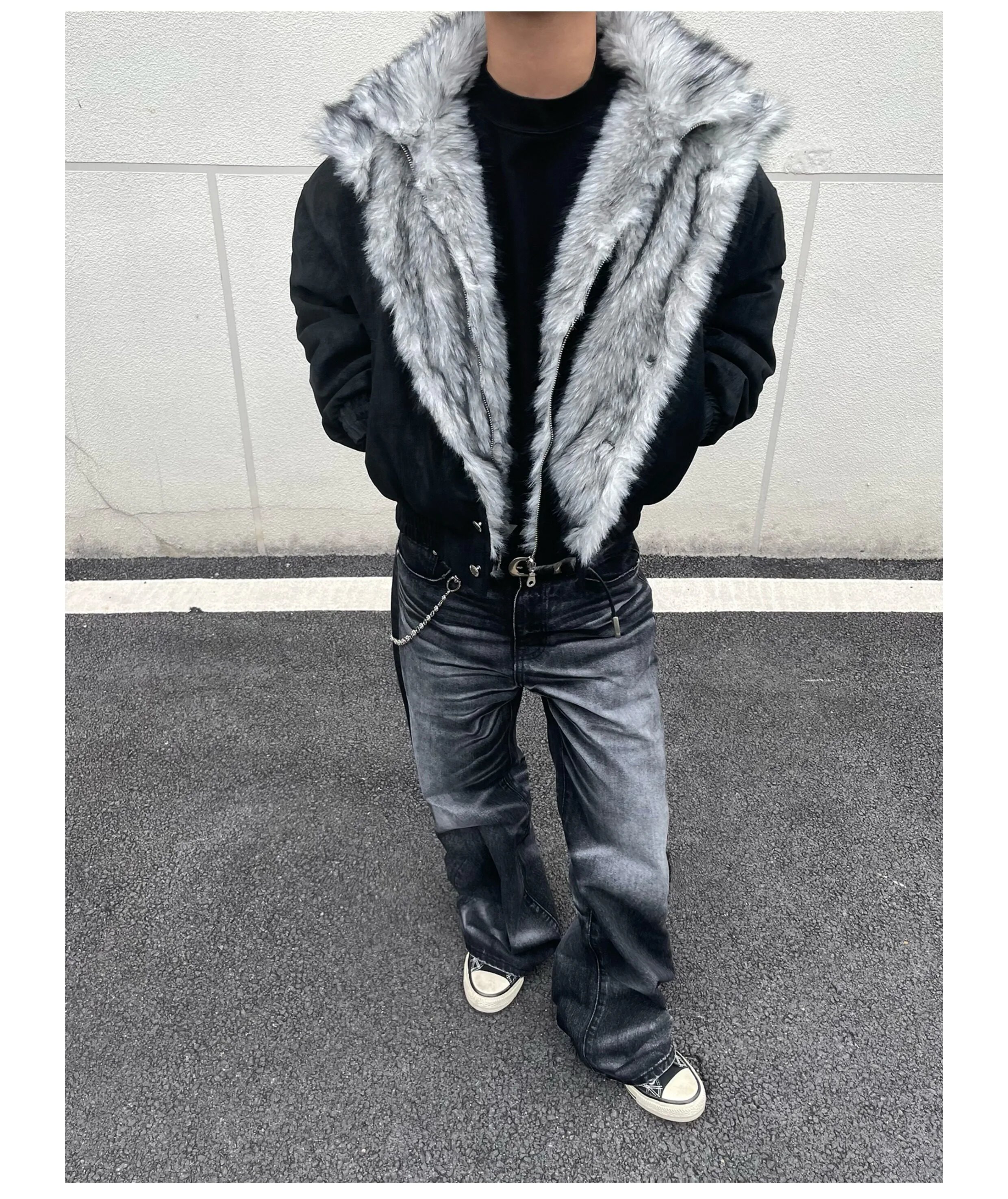Design Faux Fur Trim Bomber Jacket Black with Gray Fur Collar Outerwear - 5