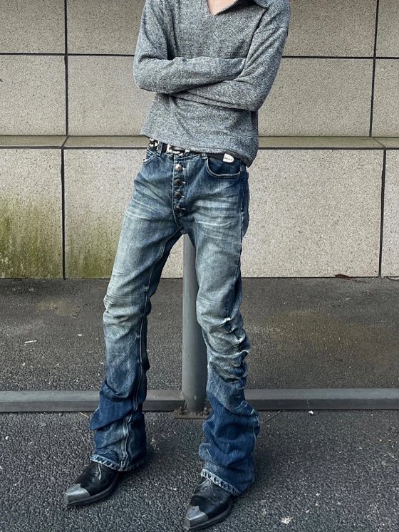 American High Street Retro Vintage Button-Fly Pleated Bowie Jeans for Men, Straight Leg Slim Fit Casual Stacked Pants