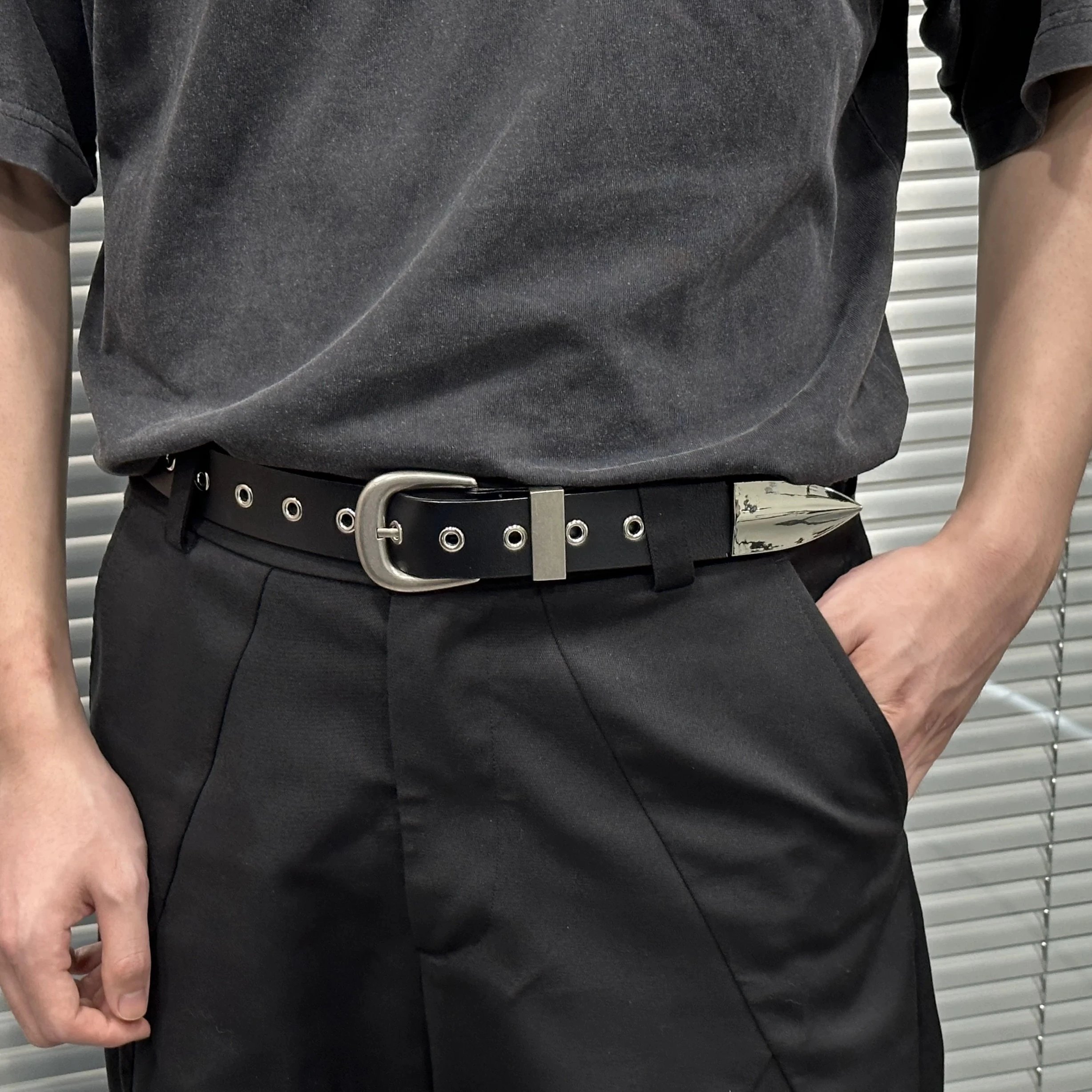Spike Tip Leather Belt Black