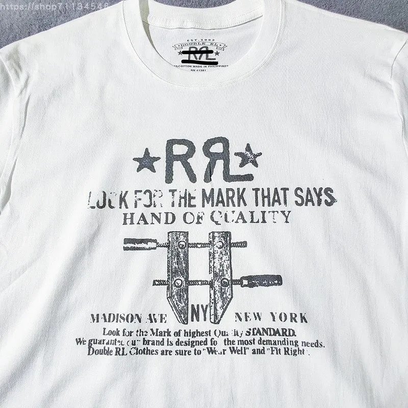 RRL Style Short-Sleeve T-Shirt American Vintage Round Neck Cotton Tee 230g Summer Double R Short-Sleeve T-Shirt for Men