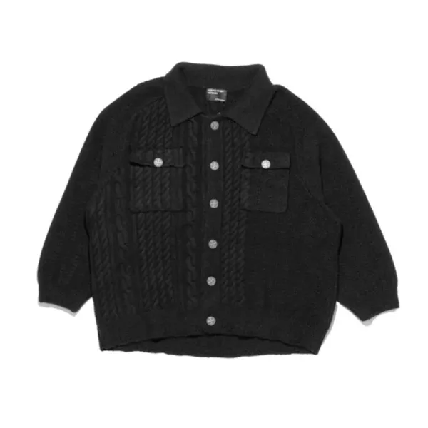 Design Cable Knit Collar Cardigan Black Outerwear.cardigan - 1