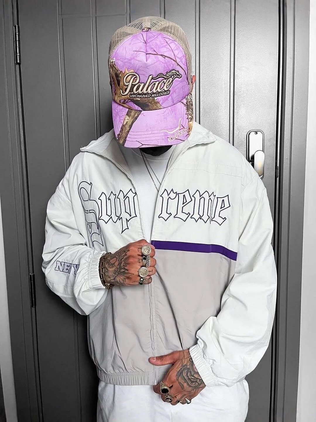 Foreign Trade SUP SS25 WEEK12 Old English Logo Zip-Up Stand Collar Jacket Pants American Embroidered