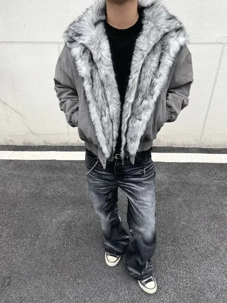 Design Faux Fur Collar Bomber Jacket Gray Outerwear - 1
