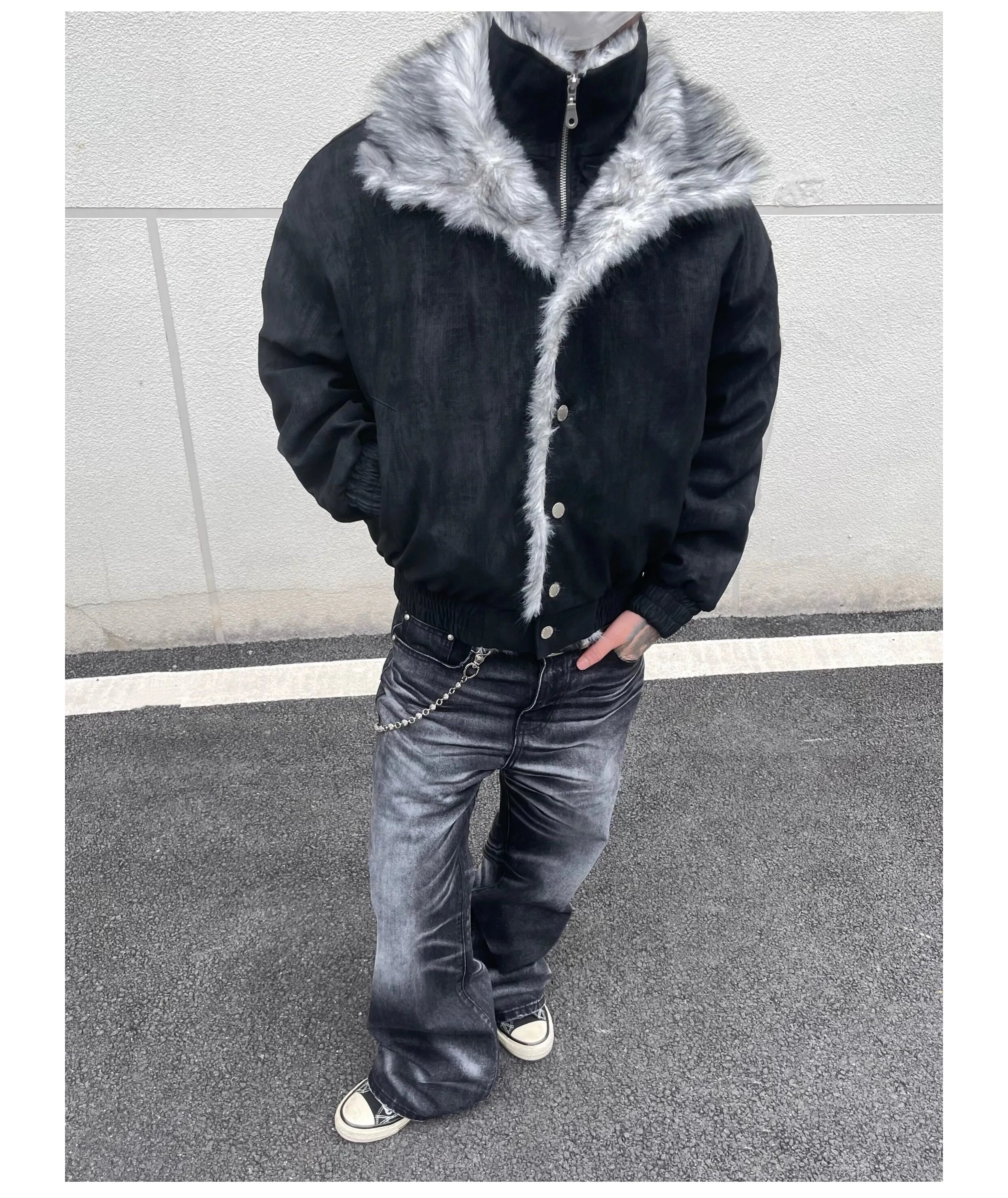 Design Faux Fur Trim Bomber Jacket Black with Gray Fur Collar Outerwear - 7