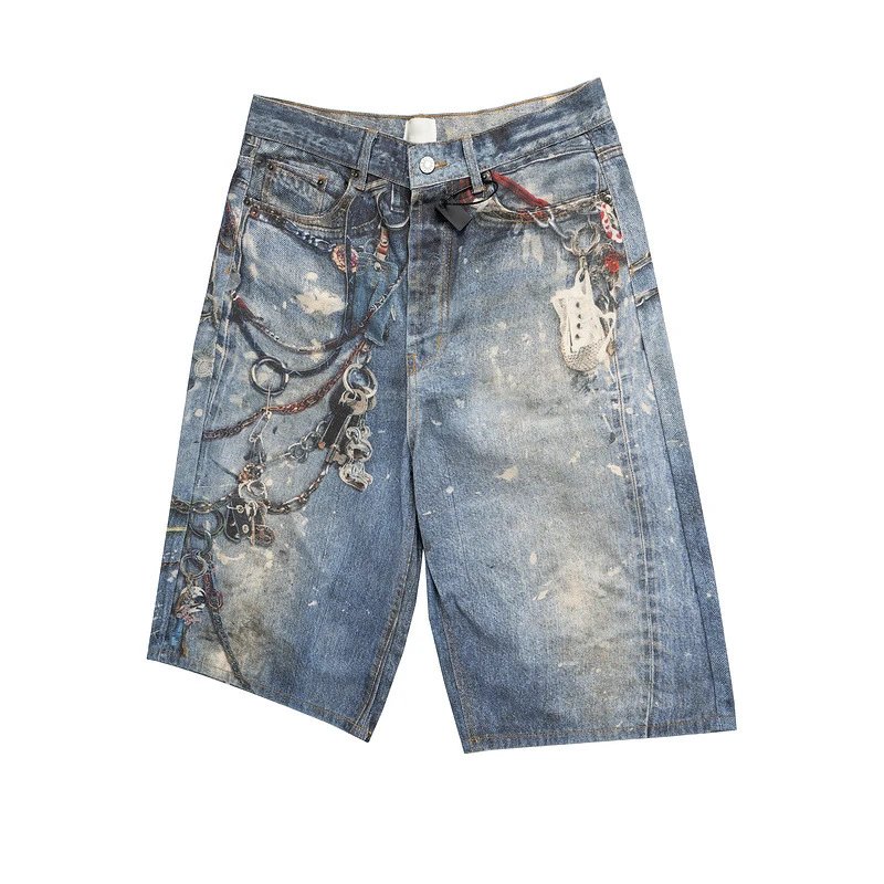 Design Distressed Chain-Embellished Denim Shorts Blue - 4
