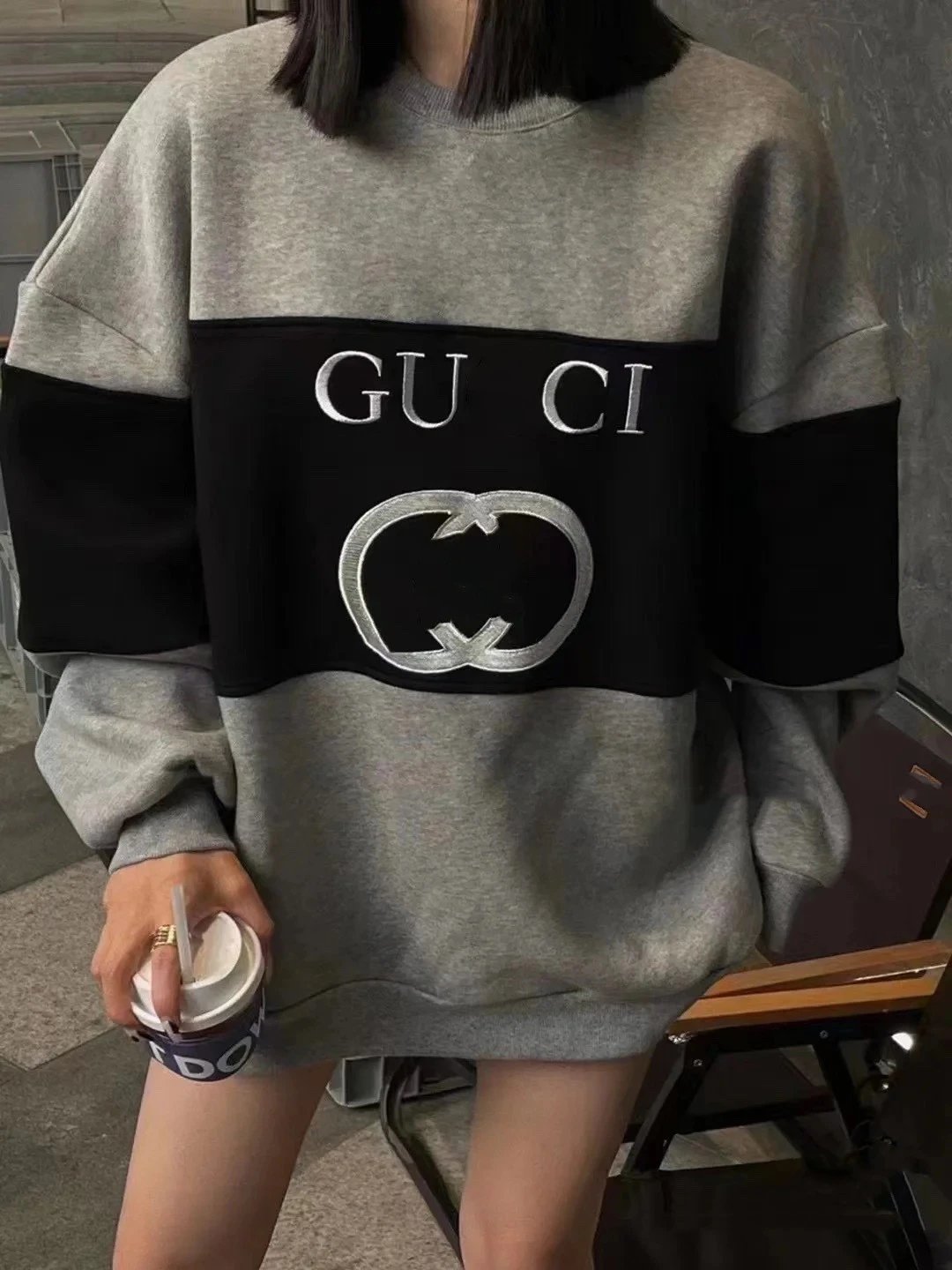 Gucci Interlocking G Logo Color-Block Sweatshirt Gray Hoodie - 2