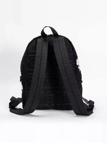 Chanel Tweed Floral Embroidered Backpack Black White - 4