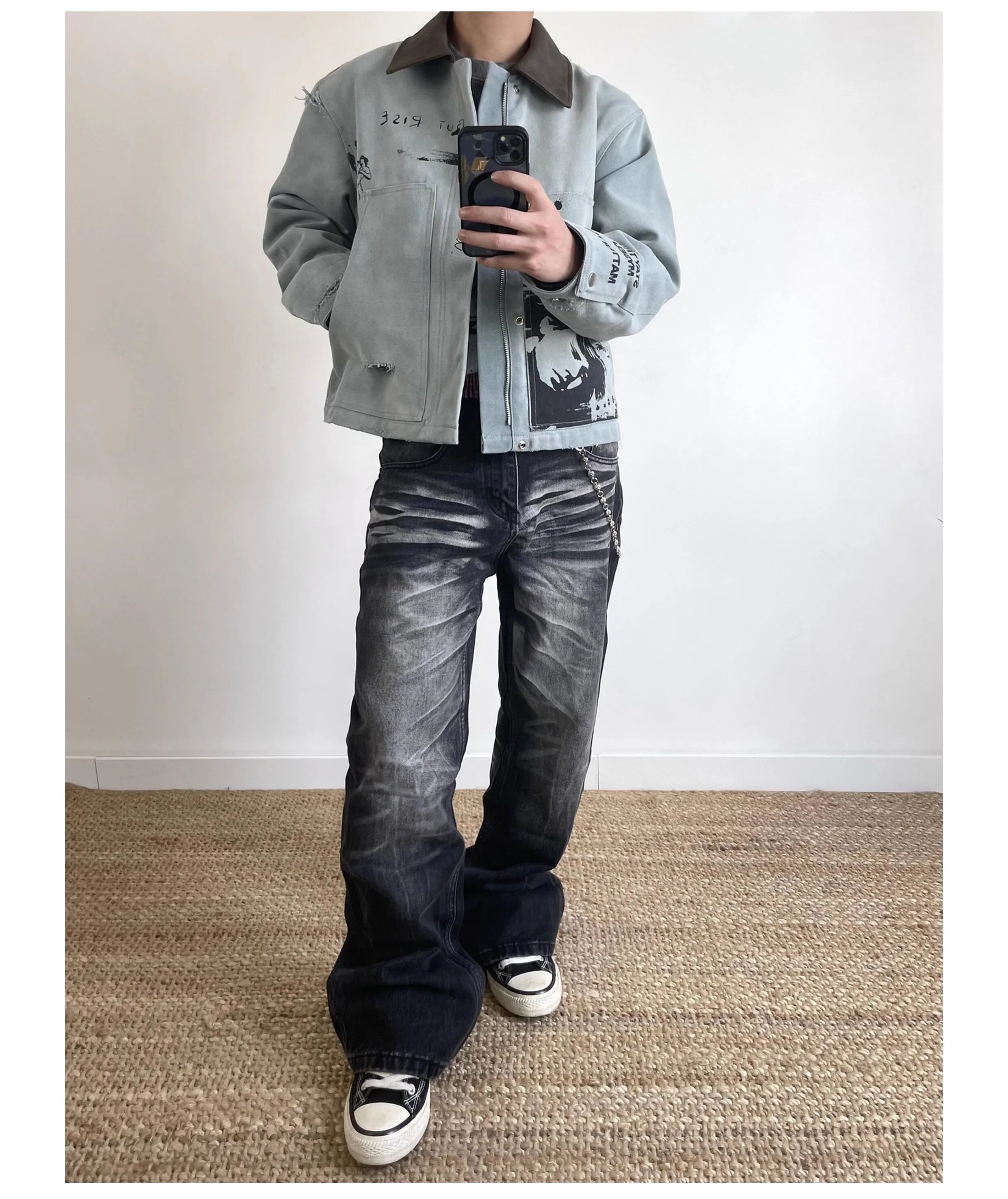 Design Distressed Graphic Denim Jacket in Light Gray with Black Washed Jeans and Converse Chuck Taylor All Star Low - 4