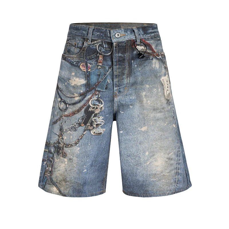 Design Distressed Chain-Embellished Denim Shorts Blue - 2