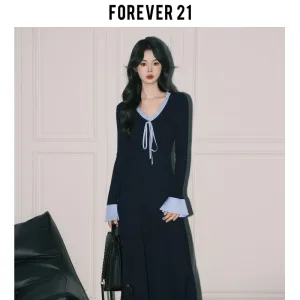 Design Forever 21 Knit V-Neck Tie-Front Dress Navy with Light Blue Trim Dress