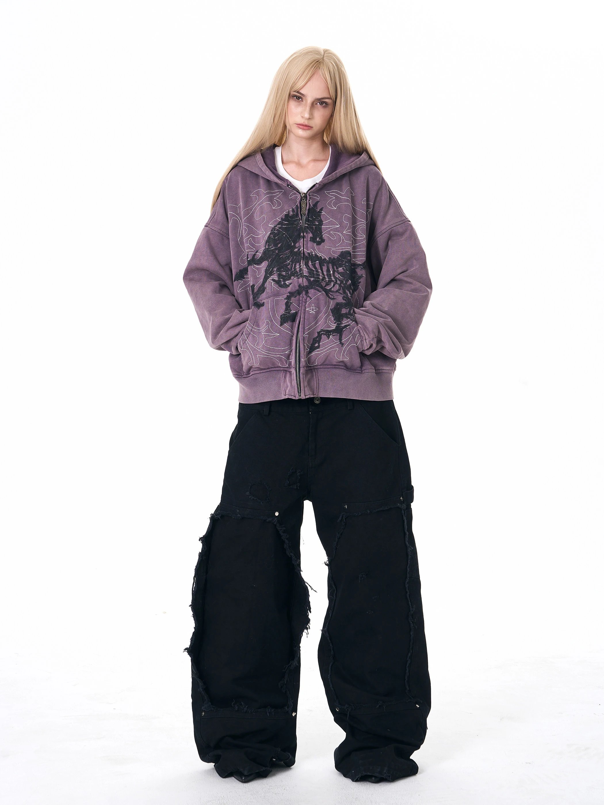 Design Horse Skeleton Embroidered Purple Zip-Up Hoodie - 4