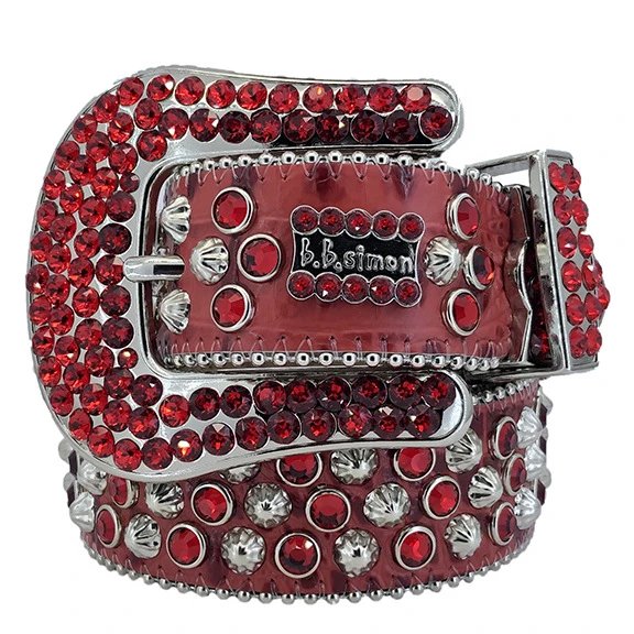 B.B. Simon Crystal-Embellished Red Leather Belt