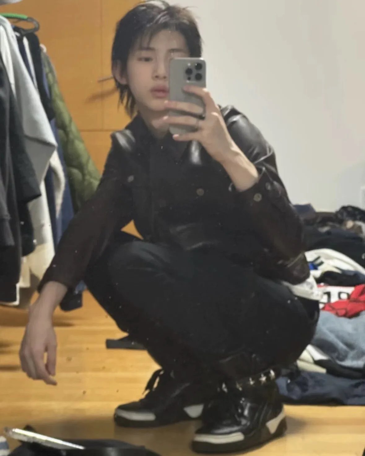 Leather Jacket Black + Black Pants + Chunky Sneakers
