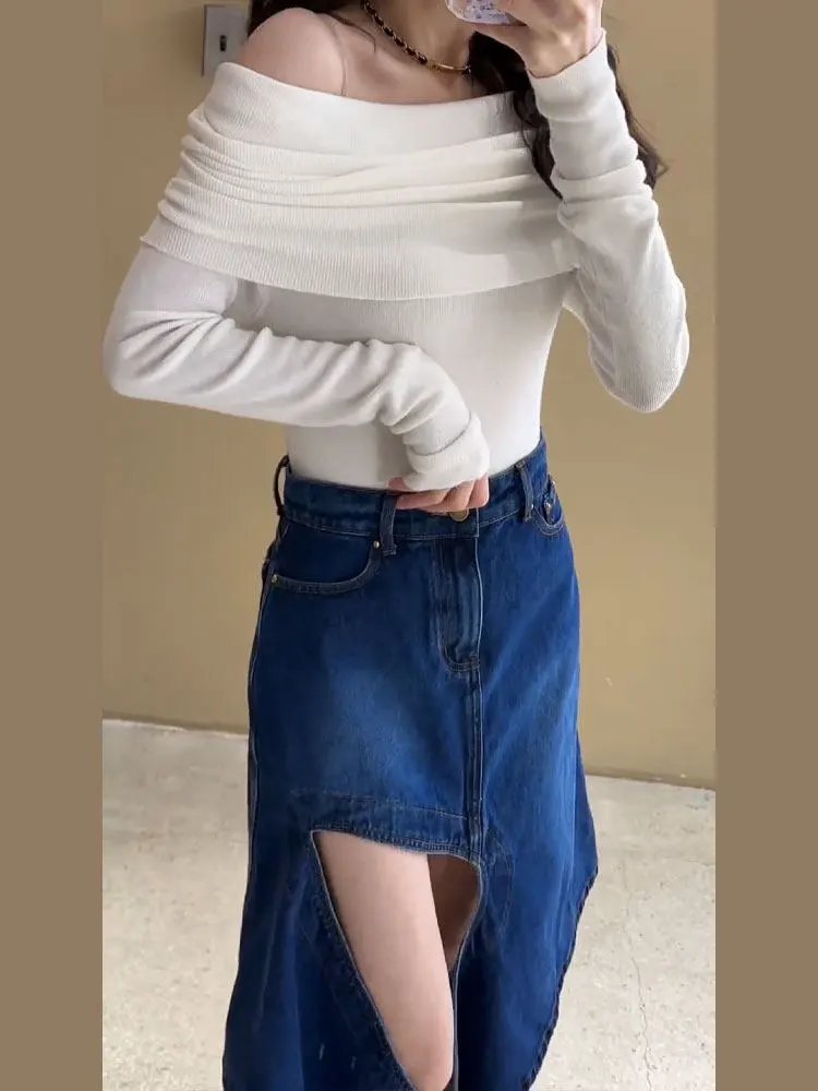 Design Asymmetrical Slit Denim Skirt Navy - 3