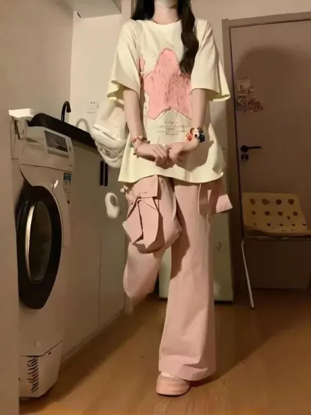 Design Oversized Star Print T-Shirt and Wide-Leg Pants Set in Cream and Pink - 2
