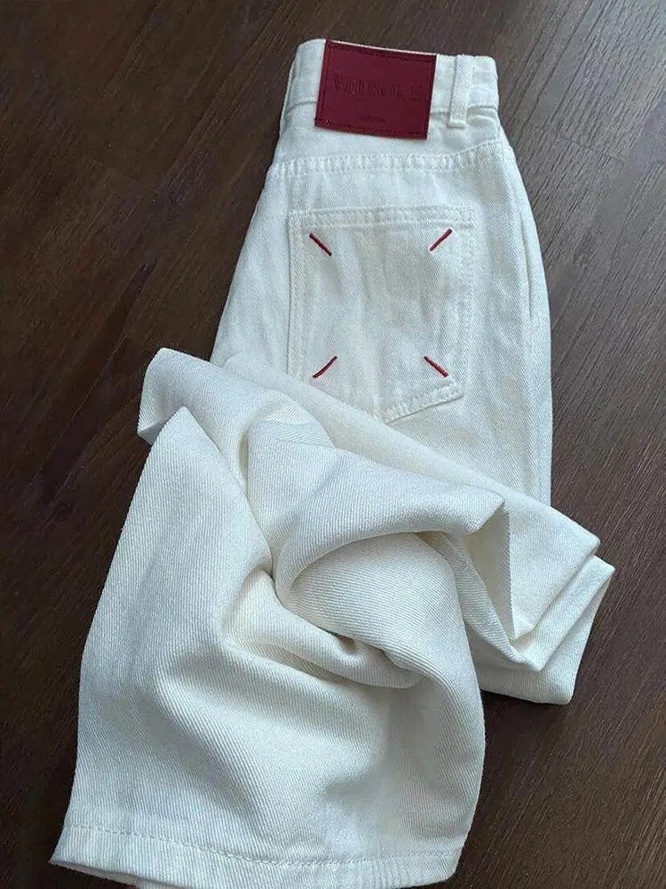 Design sense Embroidered white loose straight leg jeans for women's spring new high waisted slim and drooping narrow version wide leg pants
