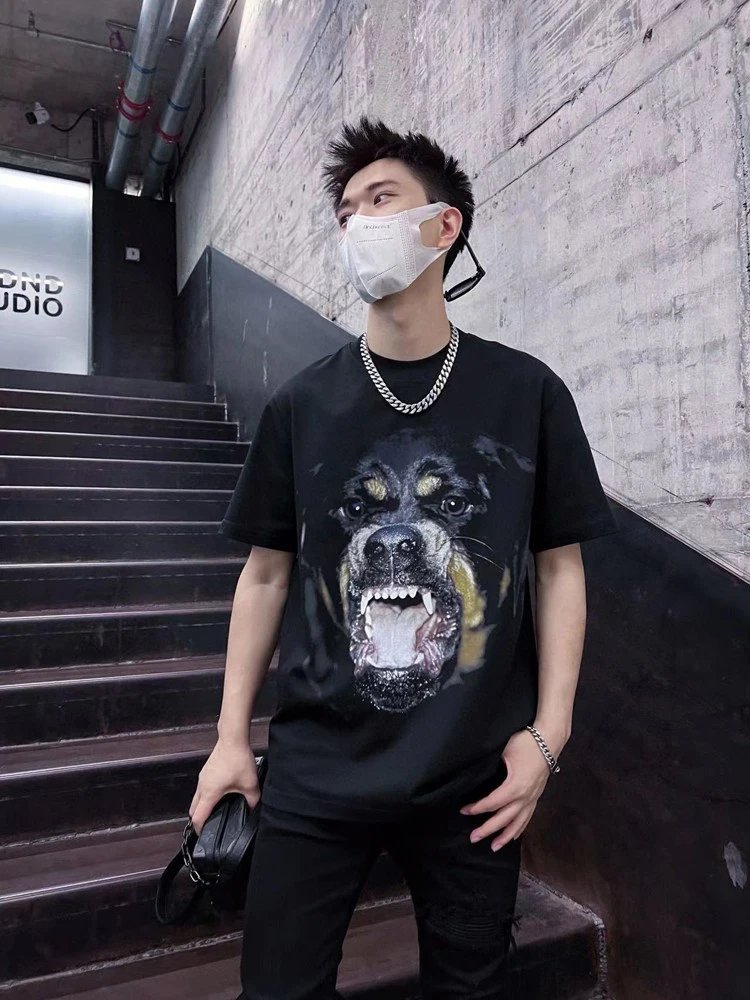 New trendy brand Rowena big dog short sleeved T-shirt, vicious dog couple outfit, loose cotton half sleeved unisex T-shirt