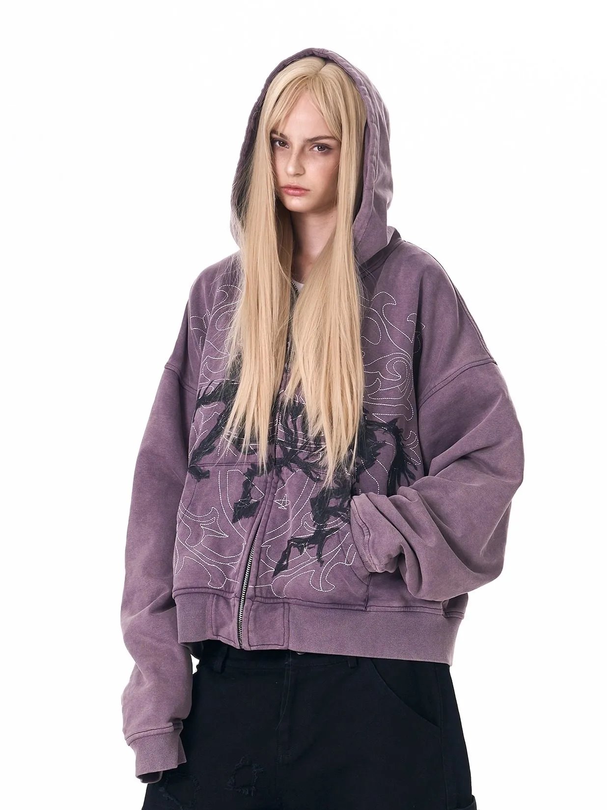 Design Horse Skeleton Embroidered Purple Zip-Up Hoodie - 2
