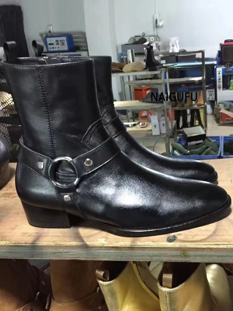 Summer European and American Chelsea Boot with Ring Buckle Men's Genuine Leather Pointed Toe High Top Street Martin Boots Trendy-68